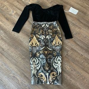 Marchesa Notte Black SZ 2 Velvet Dress W/Sequin Black/Gold/Silver Brand New